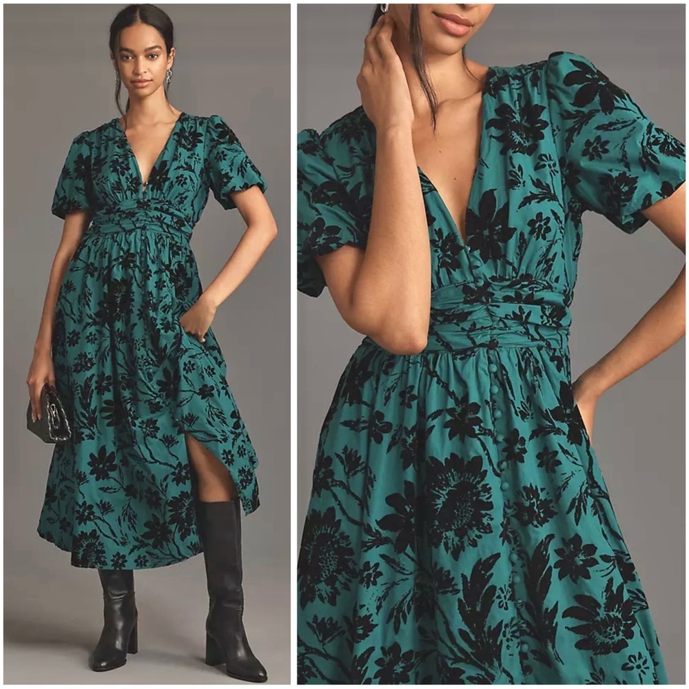 ANTHROPOLOGIE Feminine Floral Velvet Burnout The Katerina Maxi Dress Sz XXS NWT